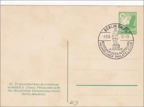 Ganzsache  1936, Briefmarken Ausstellung zu Olympia mit Sonderstempel