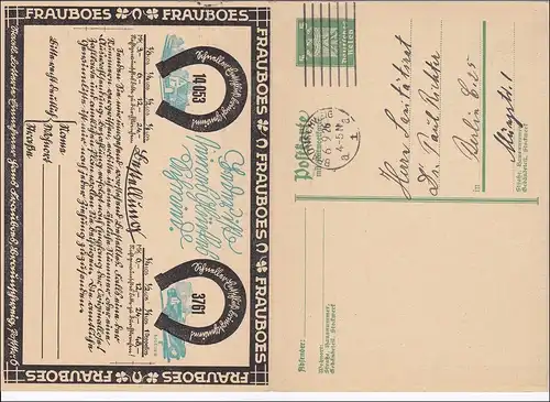 Ganzsache mit Antwort: FRAUBOES Lotterie Lose Werbung 1926