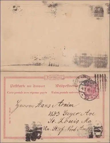 Ganzsache mit Antwortkarte von Berlin nach St. Louis USA, 1898