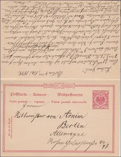 Ganzsache mit Antwortkarte von Berlin nach St. Louis USA, 1898