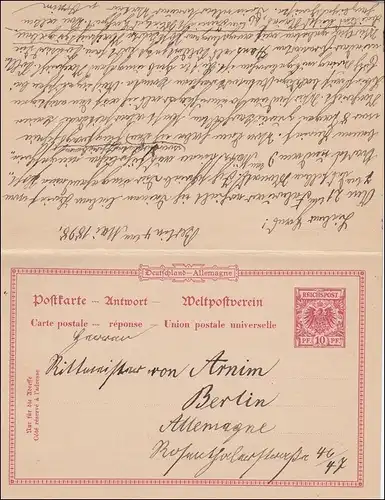 Question complète avec carte de réponse de Berlin à St. Louis USA, 1898