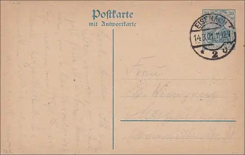 Affaire complète avec carte de réponse de Eisenach vers Magdeburg 1921, P122