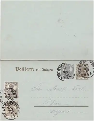 Ganzsache Germania mit Antwort von Stuttgart 1918 nach Wien