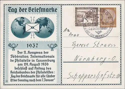 Ganzsache Tag der Briefmarke 1937 von Nürnberg