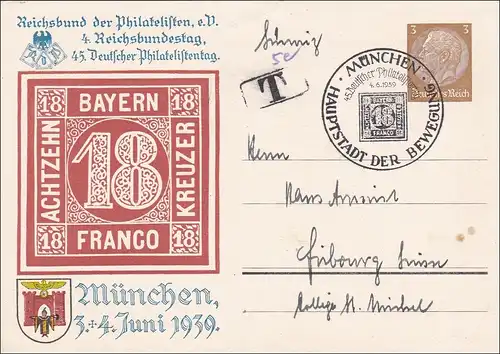 Ganzsache, 45. Deutscher Philatelistentag München 1939, TAXE Schweiz