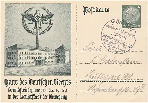 Ganzsache Haus des dt. Rechts, München 1935 nach Stuttgart