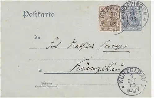 Ganzsache mit Bleistiftzeichnung rückseitig, 1903 Göppingen nach Künzelsau