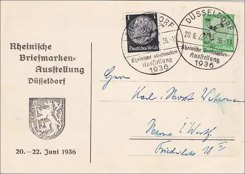 Ganzsache Rheinische Briefmarkenausstellung Düsseldorf 1936 mit Sonderstempel