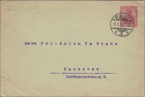 Enveloppe complète Germania de Mayence à Hanovre 1903