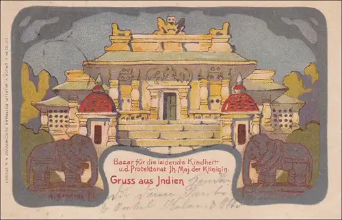 Ganzsache Dresden 1900 mit Abbildung Bazar-Gruss aus Indien für leidende Kinder