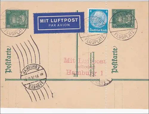Ganzsache Mannheim Flugplatz nach Hamburg Luftpost: Ganzsache VERSCHNITT 1932