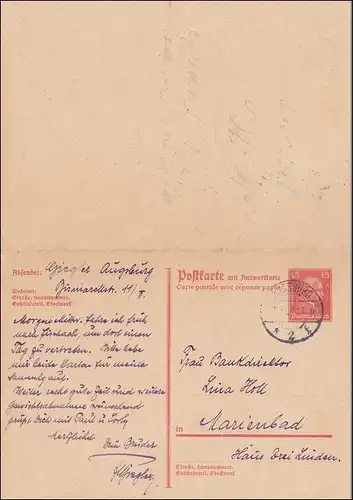 Ganzsachen P 173I, von Augsburg nach Marienbad 1931 mit Antwortkarte