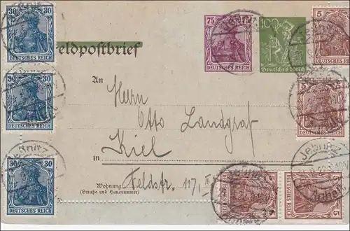 Ganzsache Feldpostbrief Germania, Jeßnitz 1922 nach Kiel
