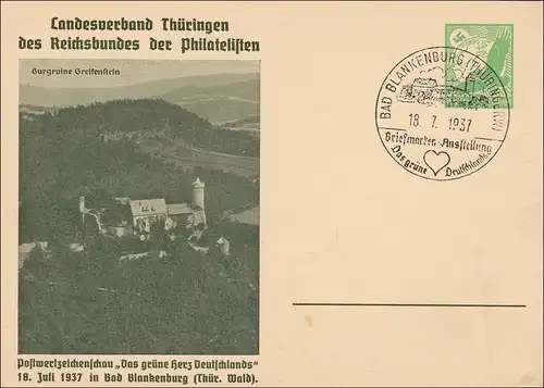Affaire entière LV ThüringerPhilatelisten 1937 Bad Blankenburg, Spezialschamp gr. Herz