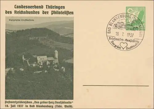 Affaire entière LV ThüringerPhilatelisten 1937 Bad Blankenburg, Spezialschamp gr. Herz