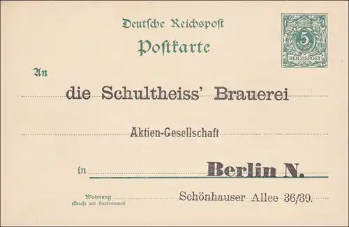 Impression complète de la brasserie Schultheiss Berlin, carte de commande arrière 190x
