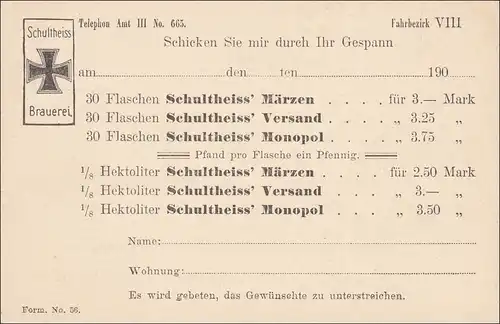 Impression complète de la brasserie Schultheiss Berlin, carte de commande arrière 190x