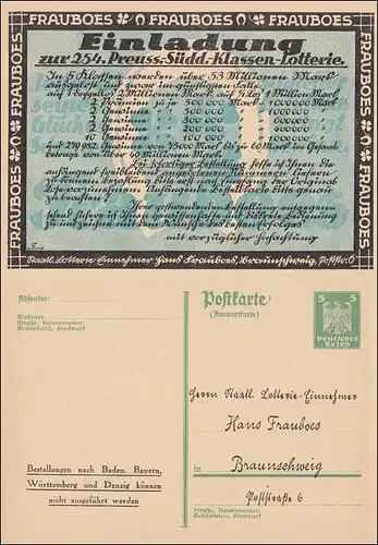 entier avec réponse, Braunschweig 1926 à Neubrandenburg, publicité loterie