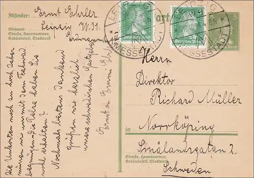 Ganzsache Leipzig Messestadt 1928 nach Schweden