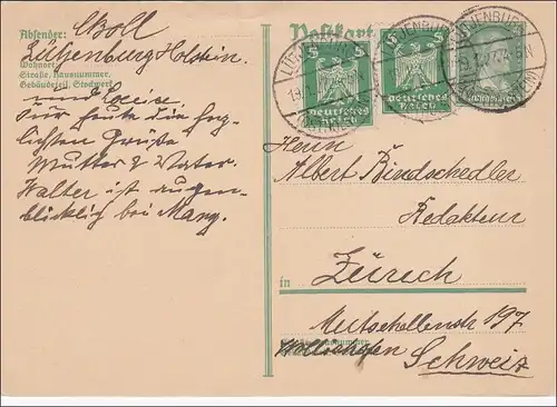 Ganzsache von Lütjenburg Holstein nach Zürich 1927