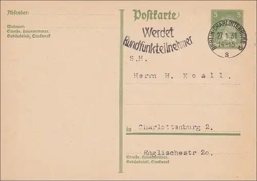 Ganzsache von Berln Charlottenburg, Werbestempel, 1931