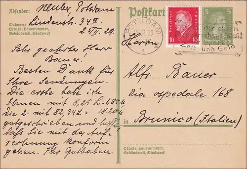 Ganzsache von Postsdam nach Italien 1929