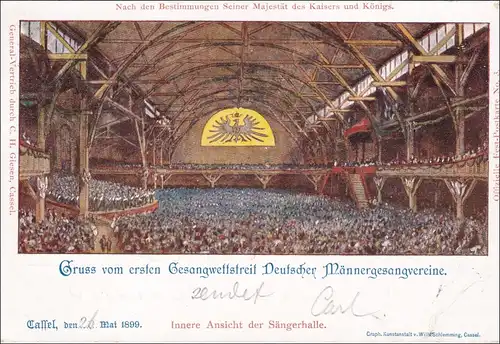 Ganzsache Gruss vom 1. Gesang Wettstreit 1899 Sängerhalle Cassel/Kassel,  