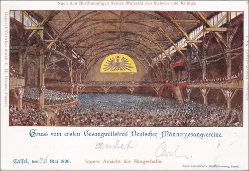 Ganzsache Gruss vom 1. Gesang Wettstreit 1899 Sängerhalle Cassel/Kassel,