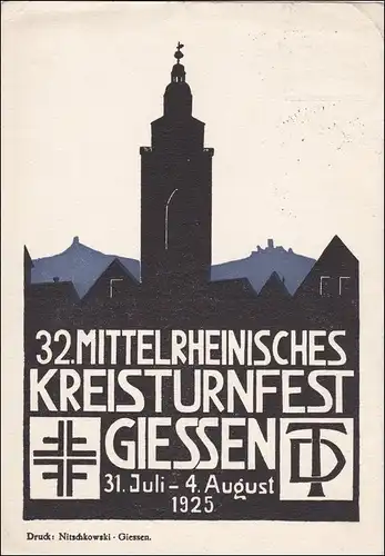 Affaire entière Mitteldeutsche Kreisturnfest Giessen 1925 avec le cachet spécial