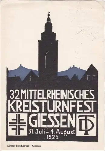 Ganzsache Mitteldeutsches Kreisturnfest Giessen 1925 mit Sonderstempel