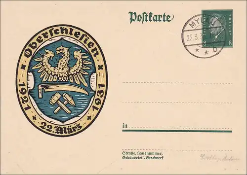 Ganzsache Oberschlesien Mylau 1931, FDC, Ersttag