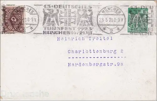 Affaire entière: Deutsches Turnfest 1923, Munich - Tampon publicitaire après Charlottenburg