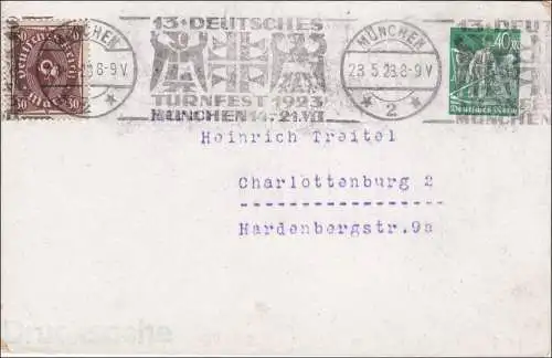 Ganzsache: Deutsches Turnfest 1923, München - Werbestempel nach Charlottenburg