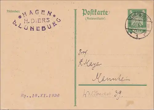 Ganzsache: P163 IA von Lüneburg nach Mannheim 1926