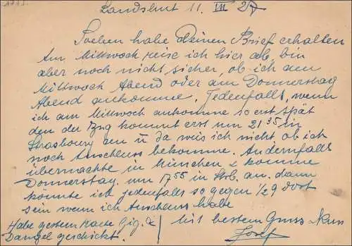 Ganzsache: 1927 von Landshut nach Mulhouse, Frankreich