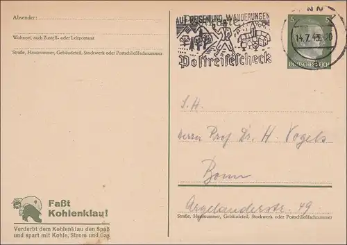 Ganzsache: 1943, Fasst Kohlenklau,  Postreisescheck, Bonn, P311o