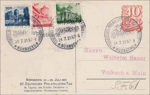 Ganzsache: 27. Dt Philatelistentag Nürnberg 1921, Sonderstempel, Sondermarken