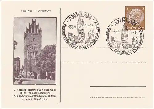 Ganzsache: 2. phil. Werbeschau beim Möbelhaus Blanckenfeldt Anklam 1937,