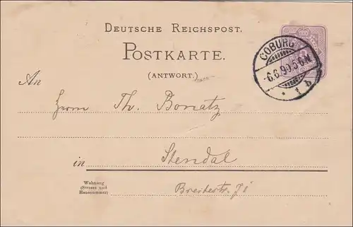 Ganzsache: 1890 von Coburg nach Standal: S von POSTKARTE beschädigt