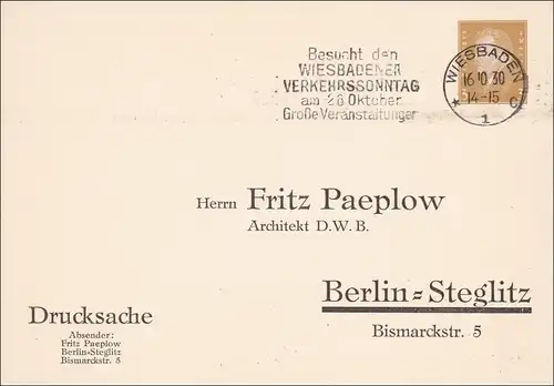 Ganzsachenumschlag:  Drucksache von Wiesbaden 1930 nach Berlin