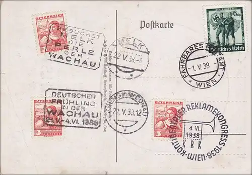 Propaganda Karte:  Nationaler Feiertag des Deutschen Volkes 1. Mai 1938, Stempel Wachau, Wien, Melk, Krems