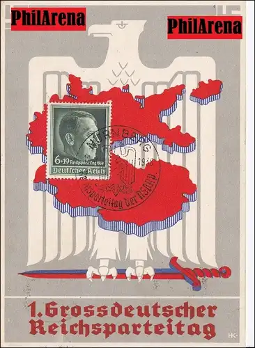 Propaganda Carte: 1er grand parti allemand Nuremberg 1938 avec de nombreux cachets