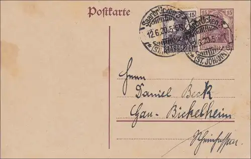 Saargebiet: Ganzsache Germania von Saarbrücken nach Bickelheim 1920