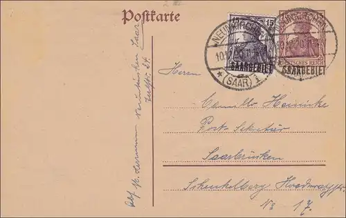 Saargebiet: Ganzsache Germania 1920 Neunkirchen nach Saarbrücken P2 II, 7