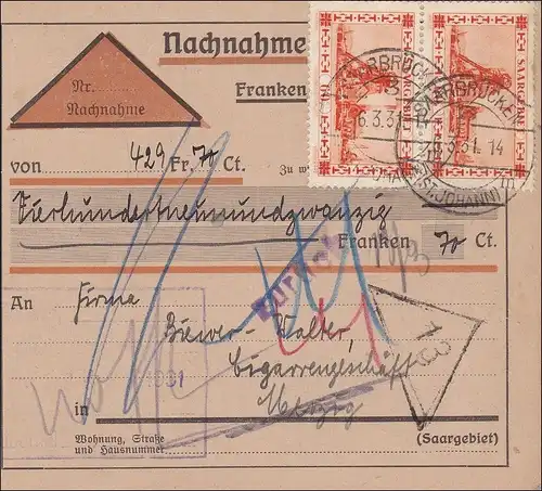 Saargebiet:Paketkarte Saarbrücken 1931; MiNr. 143 MeF