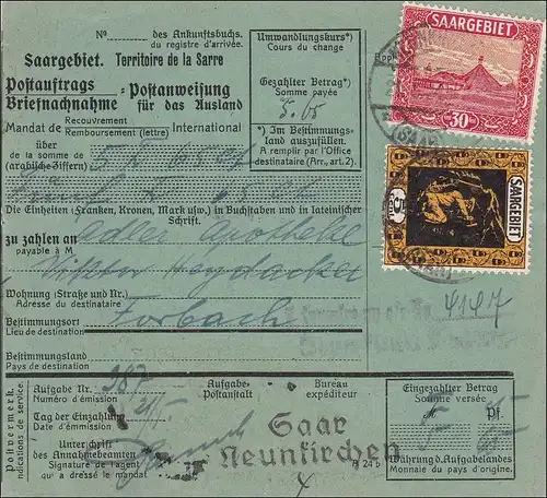 Saargebiet: Postauftrag-Postanweisung von Neunkirchen nach Forbach 1924