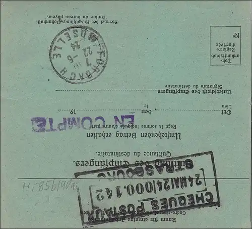 Saargebiet: Postauftrag-Postanweisung von Neunkirchen nach Forbach 1924
