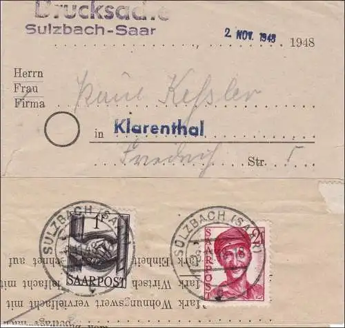 Saar: 1948 Drucksache von Sulzbach nach Klarenthal