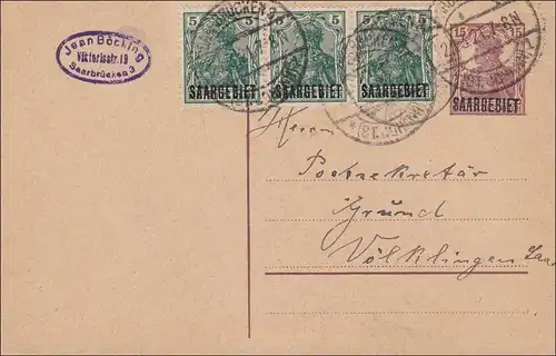 Saargebiet: 1921 Ganzsache Germania von Saarbrücken nach Völklingen