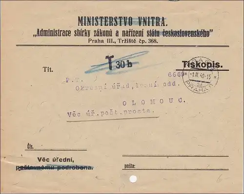 B&M: Lettre de Prague à Olomouc - Taxe 1940